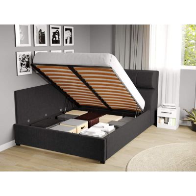 Pat Tapitat de colt Galileo cu somiera rabatabila si lada de depozitare Negru - Eden 21 180x200