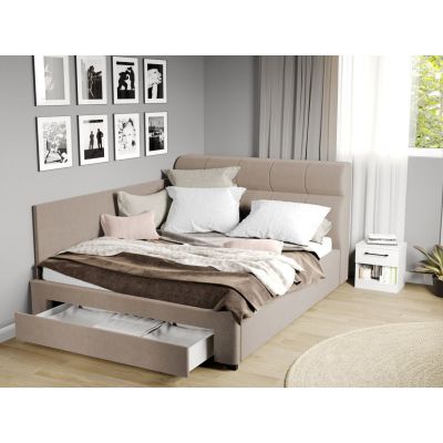 Pat Tapitat de colt Galileo cu somiera si sertar Bej - Jasmine 22