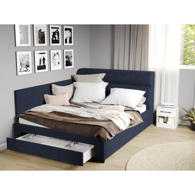 Pat Tapitat de colt Galileo cu somiera si sertar Bleumarin - Eden 16