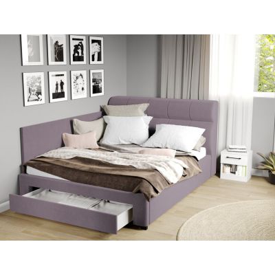 Pat Tapitat de colt Galileo cu somiera si sertar Mov deschis - Jasmine 62