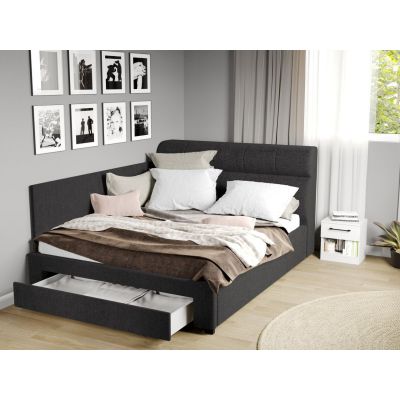 Pat Tapitat de colt Galileo cu somiera si sertar Negru - Eden 21