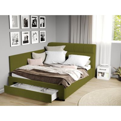 Pat Tapitat de colt Galileo cu somiera si sertar Verde deschis - Riviera 36