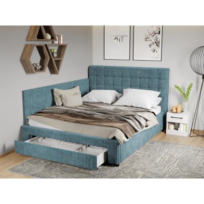 Pat Tapitat de colt Rivo cu somiera si sertar Albastru deschis - Poso 26 160x200