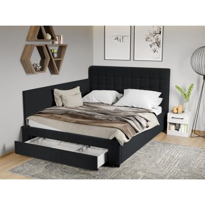 Pat Tapitat de colt Rivo cu somiera si sertar Negru - Falcone 14 160x200