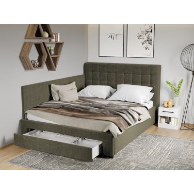 Pat Tapitat de colt Rivo cu somiera si sertar Verde inchis - Eden 12 160x200