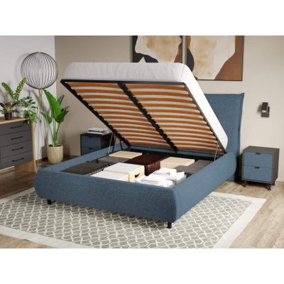 Pat Tapitat Axel cu somiera rabatabila si lada de depozitare Albastru - Coral 10 140x200