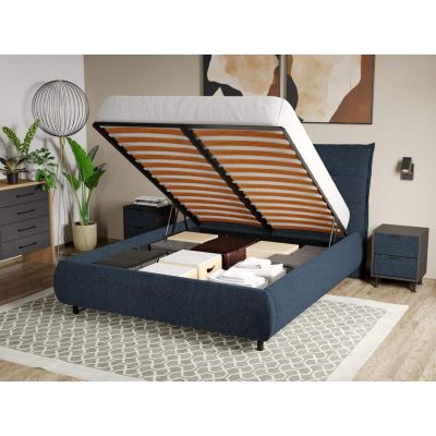 Pat Tapitat Axel cu somiera rabatabila si lada de depozitare Bleumarin - Eden 16 140x200