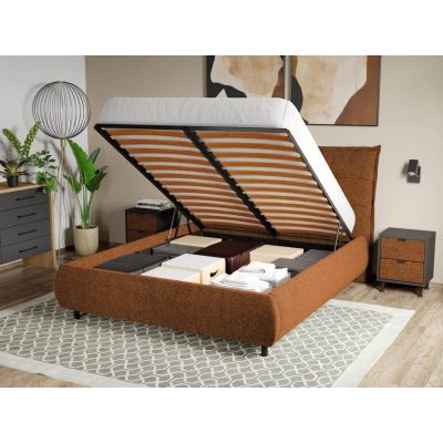 Pat Tapitat Axel cu somiera rabatabila si lada de depozitare Caramiziu - Eden 10 180x200