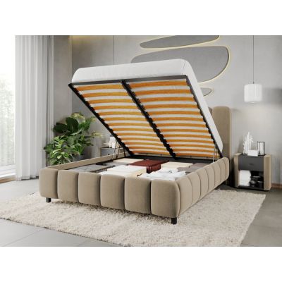 Pat Tapitat Bari cu somiera rabatabila si lada de depozitare Bej - Velluto 3 140x200