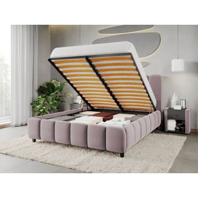 Pat Tapitat Bari cu somiera rabatabila si lada de depozitare Roz - Velluto 14 140x200