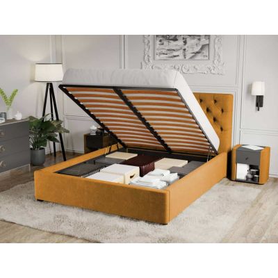 Pat Tapitat Catifea Riviera cu somiera rabatabila si lada de depozitare Galben mustar – Riviera 41 180x200