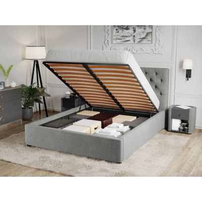 Pat Tapitat Catifea Riviera cu somiera rabatabila si lada de depozitare Gri - Velluto 16 160x200