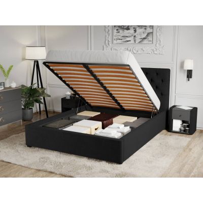 Pat Tapitat Catifea Riviera cu somiera rabatabila si lada de depozitare Negru - Riviera 100 180x200