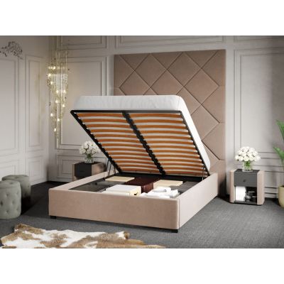 Pat Tapitat cu Panou 191x228 C1 Dubai cu somiera rabatabila si lada de depozitare Bej - Velluto 3 180x200