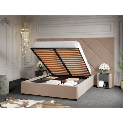 Pat Tapitat cu Panou 305x171 C4 Dubai cu somiera rabatabila si lada de depozitare Bej - Velluto 3 140x200