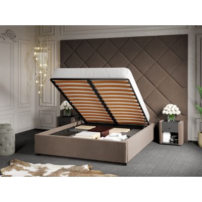 Pat Tapitat cu Panou 305x228 C3 Dubai cu somiera rabatabila si lada de depozitare Cappuccino - Velluto 29 140x200