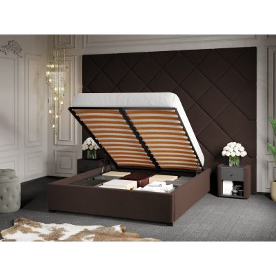 Pat Tapitat cu Panou 305x228 C3 Dubai cu somiera rabatabila si lada de depozitare Maro - Velluto 6 180x200