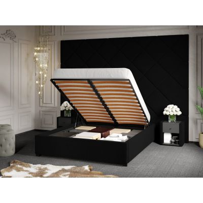 Pat Tapitat cu Panou 305x228 C3 Dubai cu somiera rabatabila si lada de depozitare Negru - Velluto 20 180x200