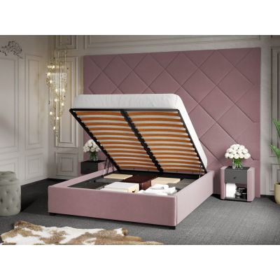 Pat Tapitat cu Panou 305x228 C3 Dubai cu somiera rabatabila si lada de depozitare Roz - Velluto 14 140x200