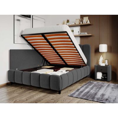 Pat Tapitat de colt Bari cu somiera rabatabila si lada de depozitare Gri Inchis - Velluto 19 140x200