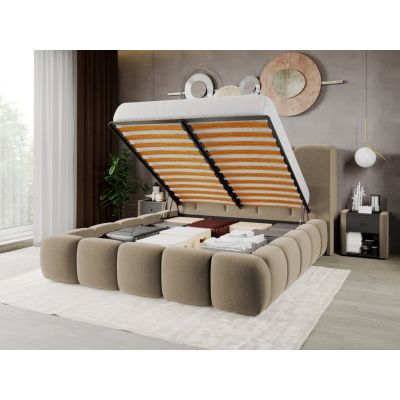 Pat Tapitat Noel tip bubble cu somiera rabatabila si lada de depozitare Bej - Velluto 3 160x200