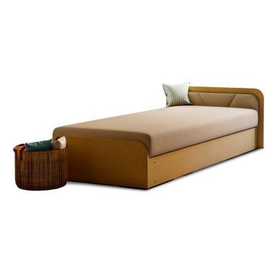 Pat galben ocru/bej tapițat/din placă aglomerată de lemn cu spațiu de depozitare cu saltea 80x190 cm Parys – ELTAP