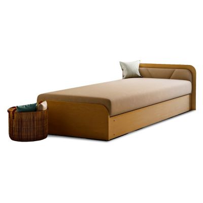 Pat galben ocru/bej tapițat/din placă aglomerată de lemn cu spațiu de depozitare cu saltea 80x190 cm Parys – ELTAP