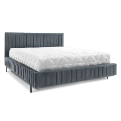 Pat matrimonial albastru tapițat cu spațiu de depozitare cu somieră 140x200 cm Plissa – ELTAP