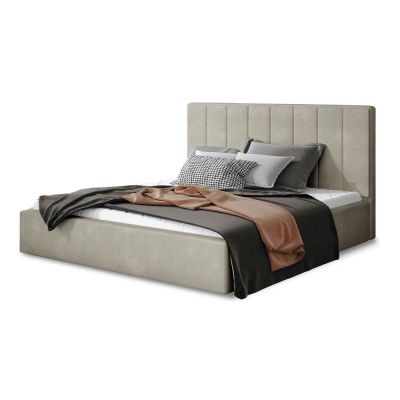 Pat matrimonial bej tapițat cu spațiu de depozitare cu somieră 160x200 cm Audrey – ELTAP