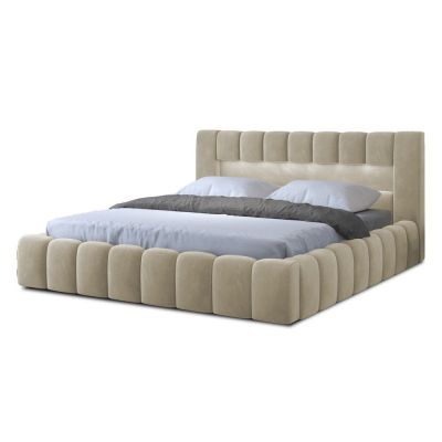 Pat matrimonial bej tapițat cu spațiu de depozitare cu somieră 180x200 cm Lamica – ELTAP