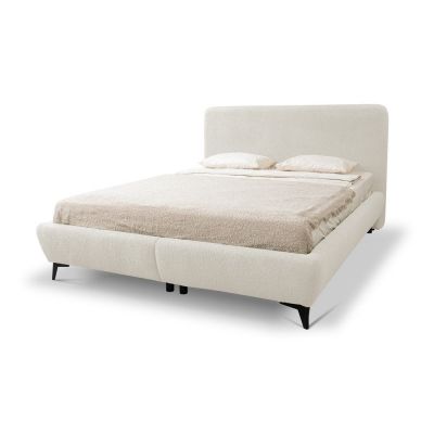 Pat matrimonial bej tapițat cu spațiu de depozitare cu somieră 180x200 cm Makapu – Makamii