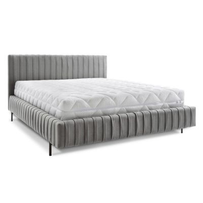 Pat matrimonial gri tapițat cu spațiu de depozitare cu somieră 160x200 cm Plissa – ELTAP