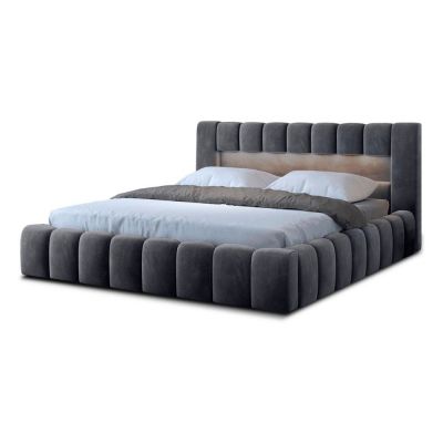 Pat matrimonial gri tapițat cu spațiu de depozitare cu somieră 180x200 cm Lamica – ELTAP