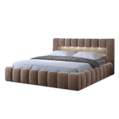 Pat matrimonial maro deschis tapițat cu spațiu de depozitare cu somieră 180x200 cm Lamica – ELTAP