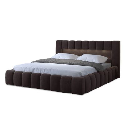 Pat matrimonial maro închis tapițat cu spațiu de depozitare cu somieră 140x200 cm Lamica – ELTAP