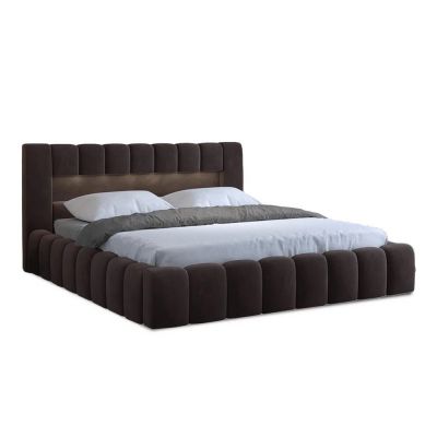 Pat matrimonial maro închis tapițat cu spațiu de depozitare cu somieră 180x200 cm Lamica – ELTAP
