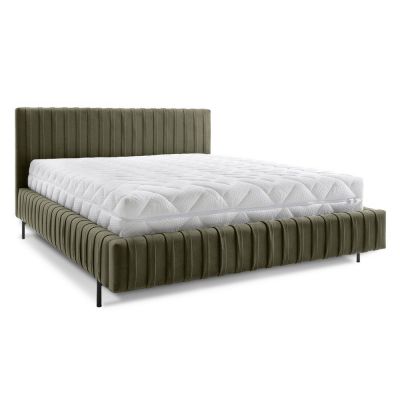 Pat matrimonial verde tapițat cu spațiu de depozitare cu somieră 160x200 cm Plissa – ELTAP