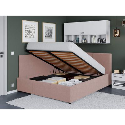 Pat Tapitat de colt Avelis cu somiera rabatabila si lada de depozitare Roz - Swing 14 180x200