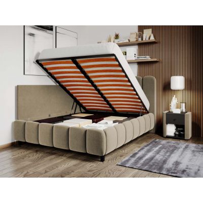 Pat Tapitat de colt Bari cu somiera rabatabila si lada de depozitare Bej - Velluto 3 120x200