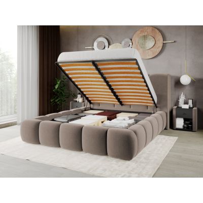 Pat Tapitat Noel tip bubble cu somiera rabatabila si lada de depozitare Cappuccino - Velluto 29 140x200