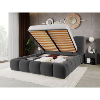 Pat Tapitat Noel tip bubble cu somiera rabatabila si lada de depozitare Gri Inchis - Velluto 19 140x200