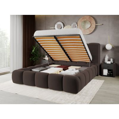 Pat Tapitat Noel tip bubble cu somiera rabatabila si lada de depozitare Maro - Velluto 6 140x200