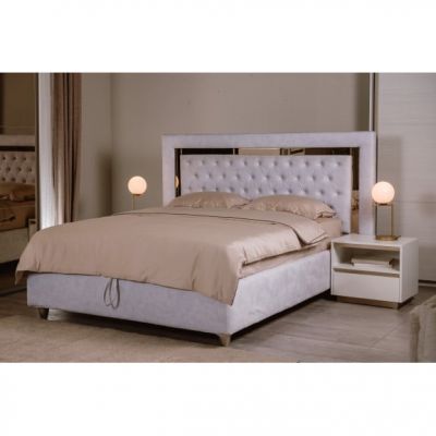 Pat Tapitat Phoenix, Dimensiune Saltea 160 x 200 Cm, Somiera Rabatabila, Alb Murdar