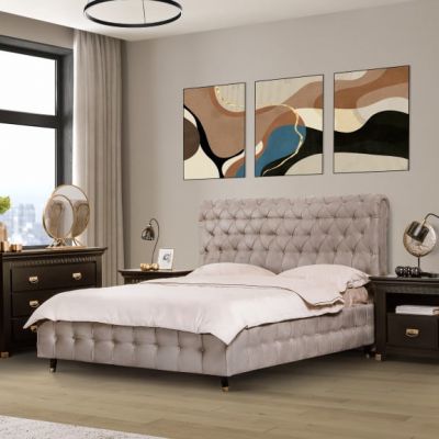 Pat Tapitat Saint Tropez, Dimensiune Saltea 160 x 200 Cm, Cu Somiera Rabatabila, Bej