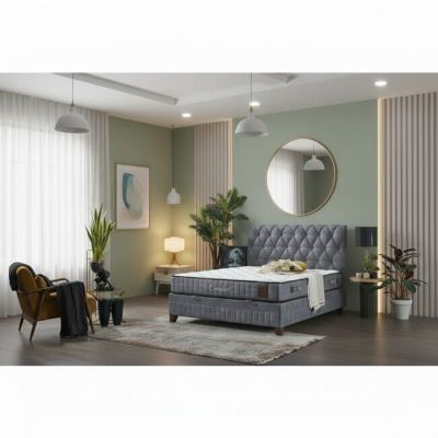 Set Pat + Saltea Comfort, ladă depozitare, somieră rabatabilă, topper confort, structură metal + lemn + PAL, tapițerie stofă premium, 180x200 cm, Gri