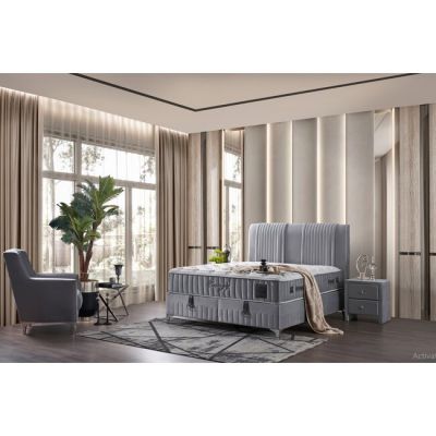 Set Pat + Saltea Energy Cu Ladă Depozitare, Stofă Premium, 160x200 cm, Gri