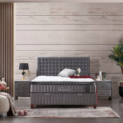 Set Pat + Saltea Wooly, ladă depozitare, design modern, topper inclus, structură metal + lemn + PAL, tapițerie stofă premium, 140x200 cm, Gri
