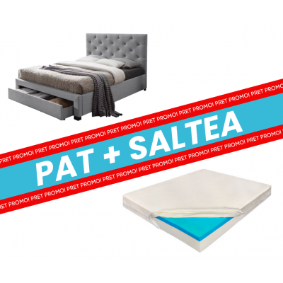 Set pat tapitat cu 2 sertare Lars si saltea ortopedica Aloe Vera, Doua Fete, Ergomed- 180x200