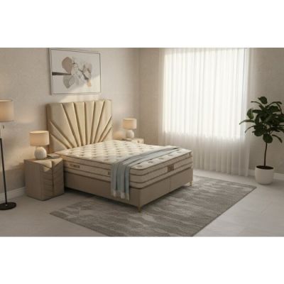 Pat cu saltea gratis Elif 160x200 cm crem cu somieră rabatabilă, ladă depozitare