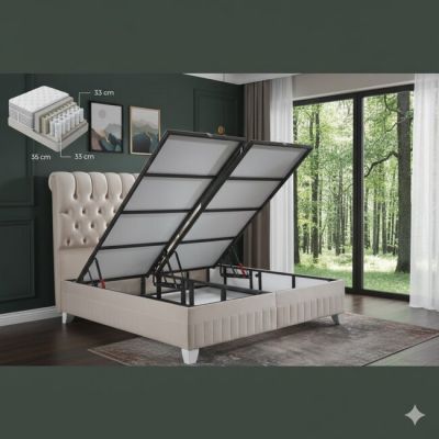 Pat cu saltea Gratis Lexus, ladă depozitare, topper integrat, structură metal + lemn + PAL, tapițerie stofă premium, 180x200 cm, Bej